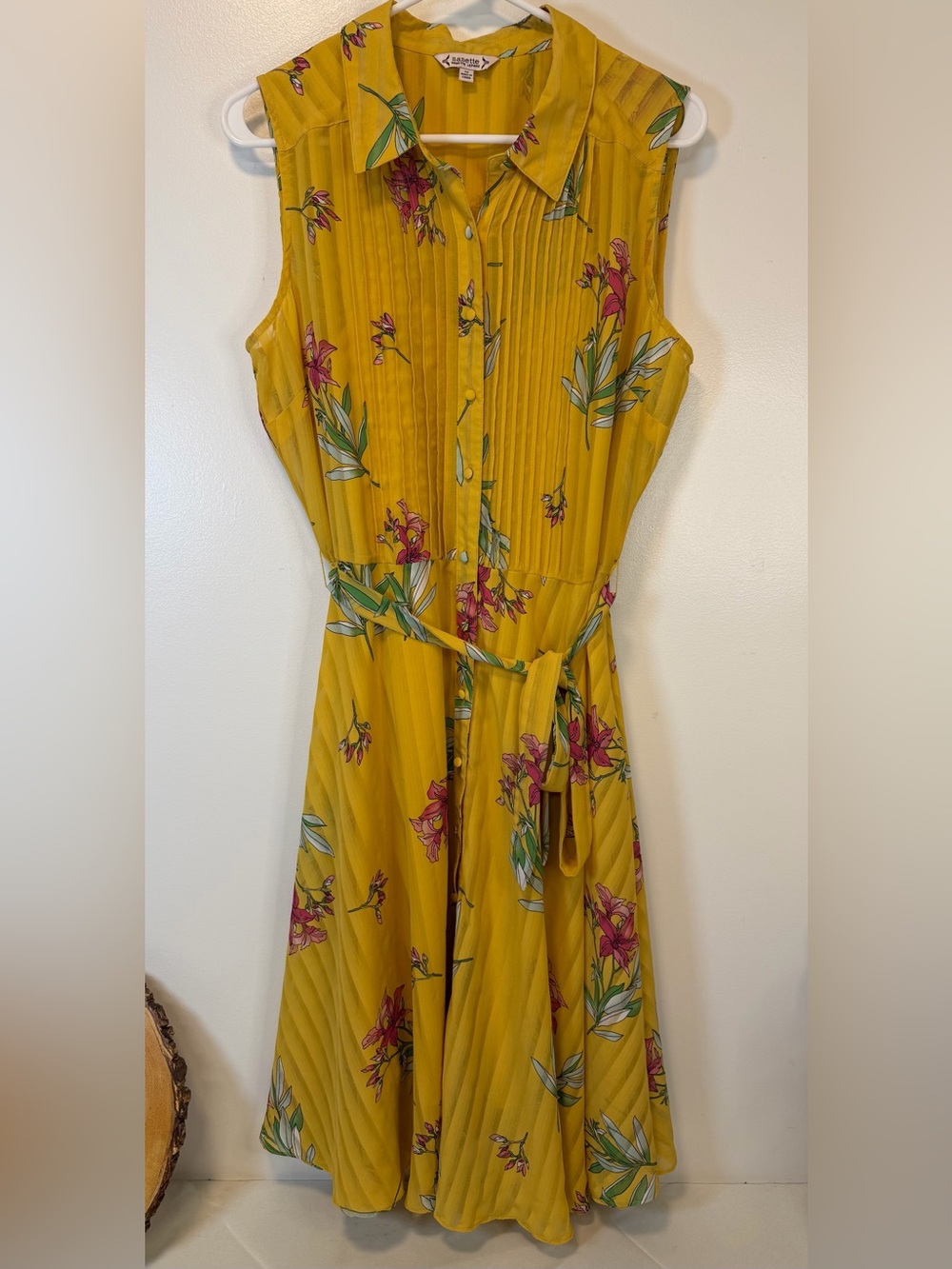 Nanette Lepore Yellow Floral Lined Pleated Button Front Dress Belted Women’s 12